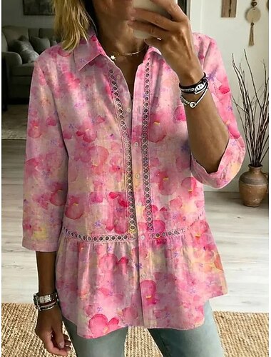  Dames Overhemd Oogje top Tuniek Normaal shirt Vetergat Ombre Bloemig Grafisch Elegant Bohemen Actief Strijkijzer Normale tops Casual Geel Blozend Roze Abrikoos Zomer Lente Herfst Winter
