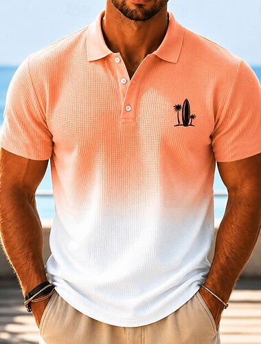  Herren Ombre Waffel-Poloshirts Kurzarm Polo-Shirts Hemden mit Kragen Resort Athleisure Alltagskleidung 3D-Druck Knöpfe Atmungsaktives Gewebe Frühling & Sommer Blau Orange Braun