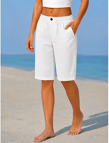  Pantalon en lin pour femme, bermuda, pantacourt, short décontracté pour tous les jours, taille mi-haute, uni, poches latérales, respirant, confortable, non élastique, idéal pour les sorties du week-end, noir, blanc, jaune, vert, été