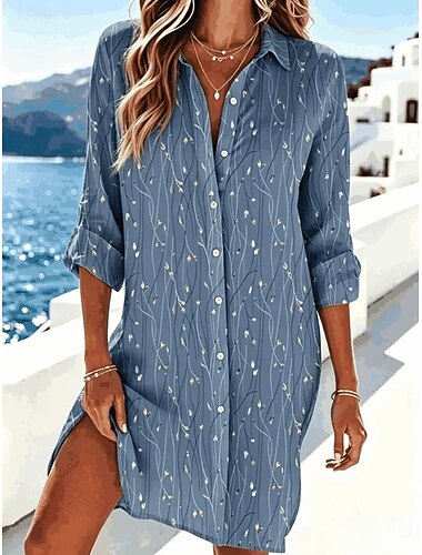  Damen Knielanges Kleid Hemdblusenkleid Urlaub Geburtstag Lässig Strand Normale Passform Blumen Grafik Abstrakt Langarm Revers Blau Rosa Grün Sommer Frühling