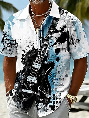  Per uomo Chitarra Strumento musicale Camicia Camicia Estiva Camicia con Bottoni Manica Corta Vintage Retrò All'aperto Vacanza al Mare Estate Primavera Collo ripiegato Stampa 3D Camicie con bottoni