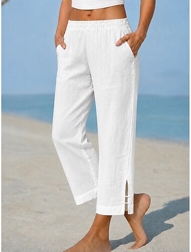 Pantalones chinos de mujer 100% algodón, pantalones de verano, ropa urbana de vacaciones, básicos, largo completo, cintura media, lisos, bolsillo, cintura elástica, cómodos, cómodos, no elásticos, para uso diario, al aire libre, vacaciones, blancos, grise