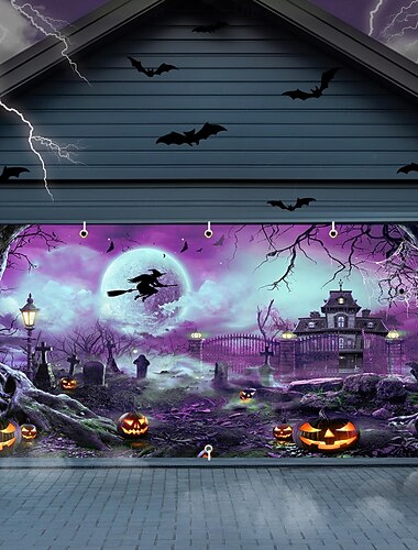  czarownica halloweenowa &Baner na drzwi garażowe z motywem nawiedzonego domu, wodoodporna osłona na drzwi garażowe z motywem strasznej wiedźmy, zewnętrzna świąteczna dekoracja ścienna do domu &