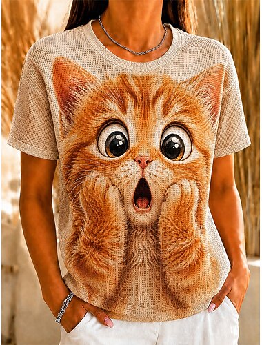  Dam Våffel T-shirt Strukturerade strickade toppar Grafisk Djur Geometrisk Stylish Klassisk Kortärmad Rund hals Vanliga toppar Ledigt Dagligen Helgen Kaki Gul Beige Grå Sommar Vår