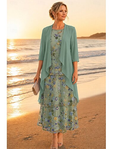  Todelt A-linje Ankellengde Kjole til brudens mor 3/4 ermer Halvlange ermer Øsehals Elegant Enkel Luksuriøs Formell Bryllupsgjest Chiffon Blonder Jakke kjoler med Drapert Broderi Appliqué