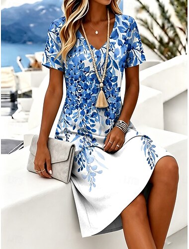 Damen Minikleid T-Shirt-Kleid A Linie Kleid Urlaub Lässig Boho Strand Normale Passform Blumen Grafik Kurzarm V Ausschnitt Blau Purpur Grün Sommer Frühling