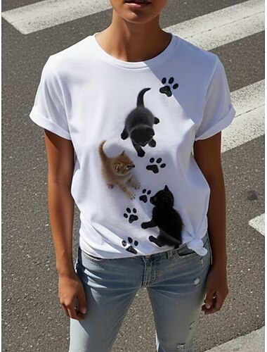  Dames T-shirt Kleurenblok Afdrukken Grafisch dier Kat Vintage Stijlvol Klassiek Korte mouw Strakke ronde hals Normale tops Casual Dagelijks blauw Wit Zomer Lente