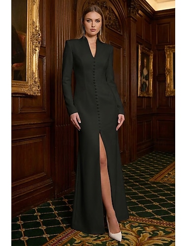  Dames Smokingjurk Trompet zeemeermin Meermin Bruiloft gast Stretch crêpe Elegant Hoge splitsing Lange mouw Tot de grond V-hals