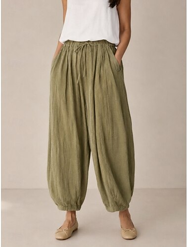 Calça lanterna feminina de linho orgânico com cintura elástica e bolsos.