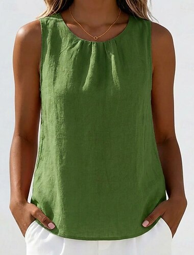  Mujer Camiseta sin mangas Botones Elegante Casual Sin Mangas Cuello Barco Tops regulares Diario Verano Ropa de vacaciones Negro Rosa Marrón Verde Trébol Gris Verano