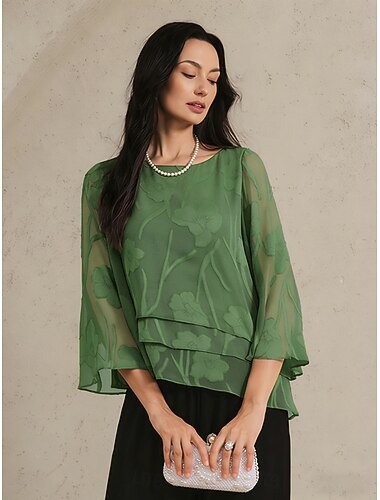  Dame Blondeskjorte Bluse Dressy topper Chiffongoverdeler Helfarge Elegant Stilfull Grunnleggende 3/4 ermer Klokke Båthals Vanlige topper Daglig Arbeid Bryllupsgjest Skifergrønn Sommer Vår Høst