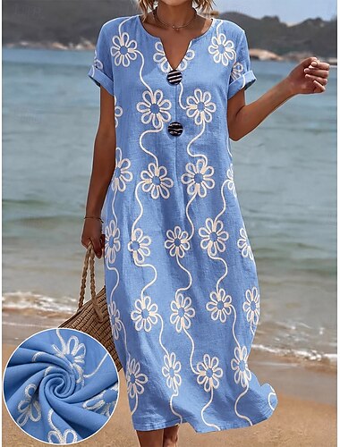  abito ricamato da donna abito midi abito floreale abito estivo basic classico quotidiano vacanza vestibilità regolare floreale manica corta scollo a V blu bianco estate primavera