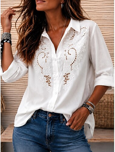  Mulheres Camisa Social Topo de ilhó camisa Boho Camisa de renda Elegante Boêmia Férias 3/4 de Manga Tops regulares Casual Diário Feriado Branco Verão Primavera