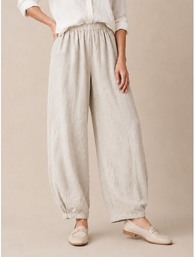  dame sommerbukser i lin med medium midje, full lengde, lomme, elastisk linning, ferie, ris, hvit, svart, mørk marineblå, khaki, høst