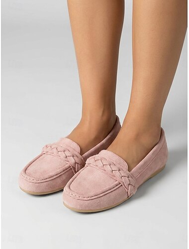  Roze loafers van imitatie suède voor dames met gevlochten bandjes - comfortabele instappers, casual mocassins voor op reis, dagelijkse wandelingen en zakelijke casual gelegenheden.