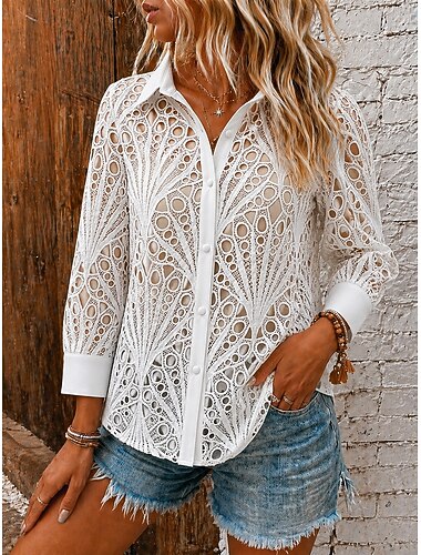  Mulheres Topo de ilhó Textura Com Corte Elegante Manga Longa Colarinho de Camisa Tops regulares Casual Branco Preto Rosa Verão Primavera Outono