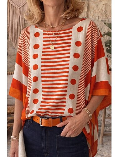  Dames Zomer tops Blouse Afdrukken Grafisch Geometrisch Stip Bohemen Vintage Tropisch 3/4 mouw Halve mouw Strakke ronde hals Boothals Normale tops Casual Dagelijks Vakantiekleding Geel Rood Groen