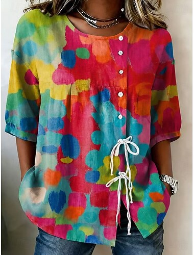  Dames Overhemd Boho-shirt Normaal shirt Trekkoord Ombre Grafisch Geometrisch Elegant Bohemen Actief Halve mouw Strakke ronde hals Lange tops Casual Dagelijks Werk blauw Blozend Roze Rood Zomer Lente