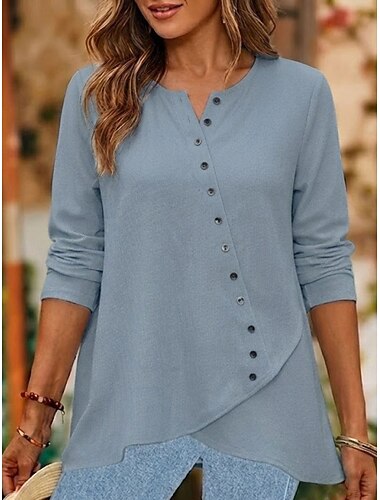  dameskjortebluse denim-look ensfarget elegant vintage mote langermet v-hals vanlig topper avslappet blå himmelblå sommer høst