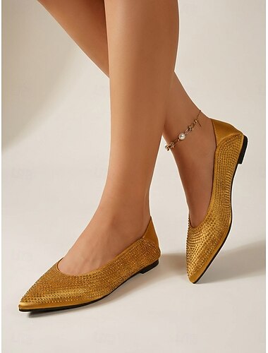  Sapatilhas femininas de cetim dourado - sapatilhas de bico fino com strass para uso diário no escritório. &sapatos casuais de salto alto