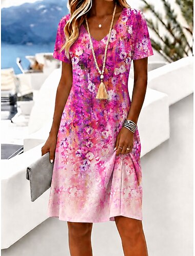  Damen Minikleid T-Shirt-Kleid A Linie Kleid Urlaub Lässig Boho Strand Normale Passform Blumen Grafik Kurzarm V Ausschnitt Blau Purpur Grün Sommer Frühling