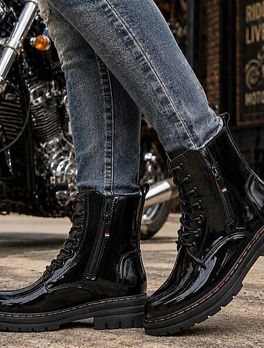  Botas de combate de charol para hombre: elegantes botas militares para motociclistas, conciertos de rock, vida nocturna y moda urbana.