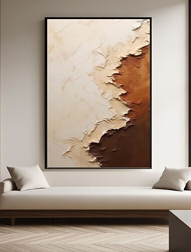  Peinture sur toile texturée 3D faite à la main, art à l'huile moderne beige et marron, art abstrait marron et beige, décoration intérieure, grand format, à accrocher au mur vertical