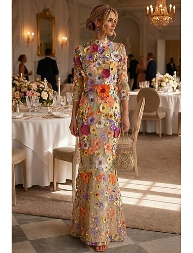  Meerjungfrauenschnitt Bodenlang Abendkleid Festliche Kleidung Elegant Promi-Stil Dreiviertelarm Stehkragen Hochzeit Formell Spitze Tüll mit 3D-Blumen Stickerei Applikationen