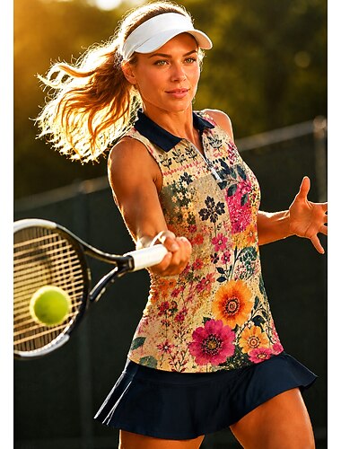  Damen Blumenmuster Oberteile Sporthemd Golf-Poloshirt Tennis Shirt Ärmellos Reißverschluss Blumen UPF50+ UV-beständig Hohe Elastizität Feuchtigkeitsableitend Atmungsaktiv Volleyball Tennis Golfspiel