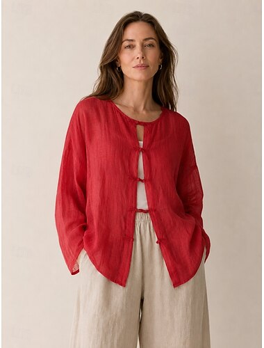  Camisa feminina de linho orgânico com gola redonda e mangas compridas