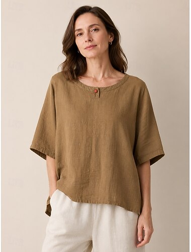  damebluse i lin med korte ermer, knapper, rund hals, normal passform, avslappet, ferie, gul grønn, beige, sommer, vår, høst