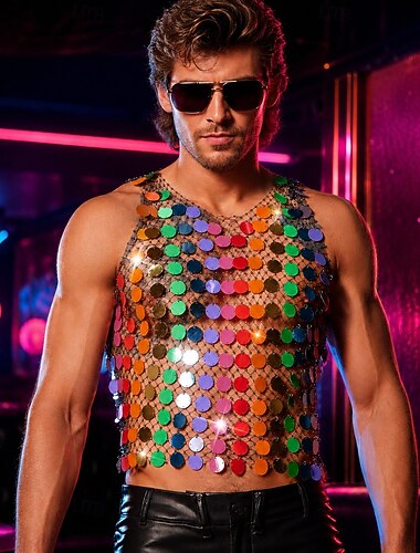  Retro / vintage disco 1980erne Tanktopp Ermeløs Disk Paljetter Skinnende Metallisk Kostyme Herre Karnevalskostyme Halloween Karneval Fest Nattklubb Voksne Tanktopp