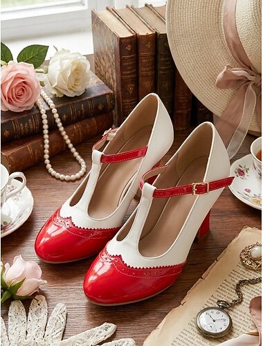  Dámské vintage boty na podpatku Mary Jane z 50. let - dvoubarevné černobílé boty s páskem do T a brogue špičkou na retro párty