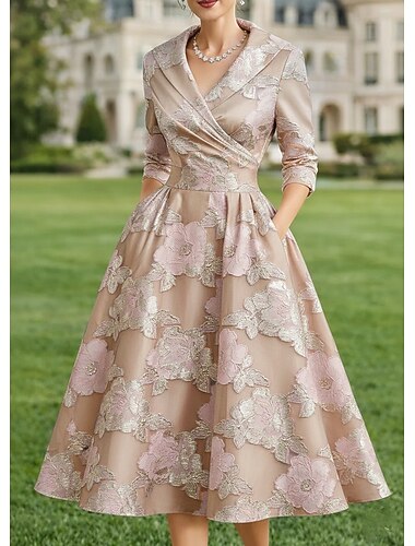  A-linje Telång Blazer Klänningar Klänning till brudens mor Långärmad Tröjkrage Elegant Vintage Formell Bröllopsgäst Bröllopsfest Satäng Jacquard med Plisserat Blomma