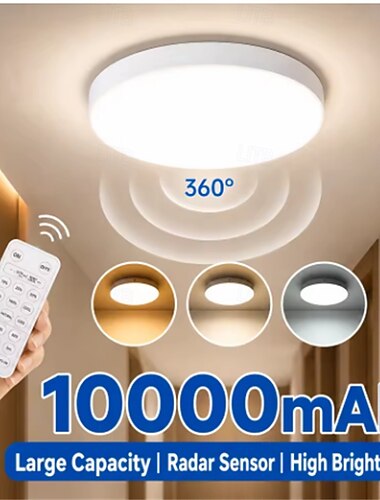  Lámpara de techo LED recargable de 10000 mAh con sensor de movimiento por radar inteligente, control remoto inalámbrico, sin cableado, 3 circuitos.