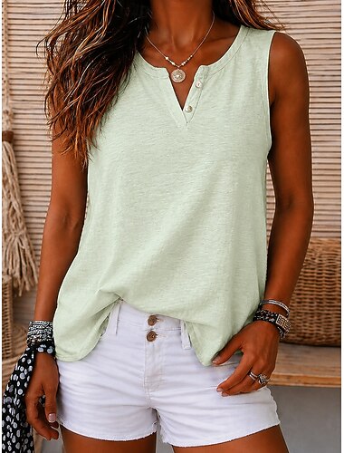  Mujer Camisa Blusa con textura Tops de verano Plano Elegante Clásico Sin Mangas Escote en Pico Henley Tops regulares Casual Blanco Verde Claro Púrpula Claro Azul claro Verano Primavera