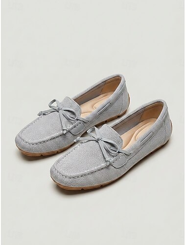  Graue, atmungsaktive Strickmokassins für Damen – bequeme Slipper mit eckiger Zehenpartie, Schleifendekor und gepolsterter Innensohle &Rutschfeste Gummisohle für den täglichen Gebrauch und ganztägigen