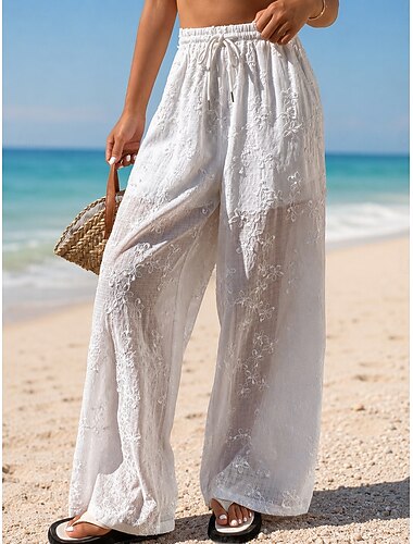  Per donna Gamba larga Chinos Vacanza Lunghezza intera Vita Alta Floreale Coulisse Tessuto Traspirante Vacanza Bianco Estate Primavera Vestibilità comoda