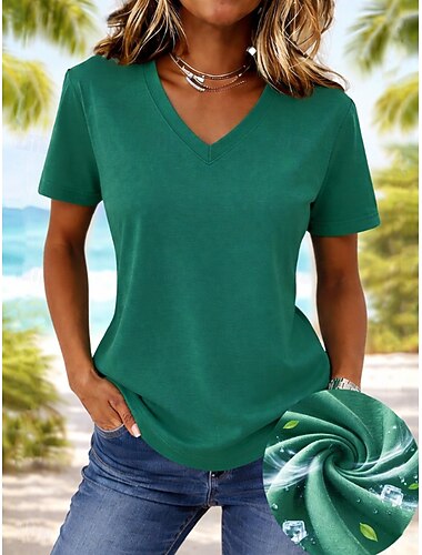  Damen T Shirt Baumwollhemd T-Shirt Einfarbig Mode Stilvoll Basic Kurzarm V Ausschnitt Normale Oberteile Lässig Täglich Ausgehen Weiß Marineblau Grün Sommer Frühling
