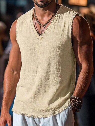  Homens Regata de linho camisa sem manga Sem Manga Decote V Primavera Verão Verão Tecido Moda Designer Básico Macia Borda Crua Casual Praia Férias Azul Preto Vermelho Top Tee para Homens