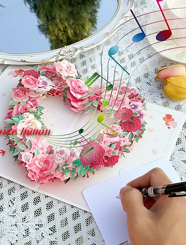  Biglietto d'auguri musicale 3D pop-up, biglietto d'auguri con ghirlanda di rose a forma di cuore registrabile con pulsante vocale, regalo audio per lei, donne, mamma, moglie - festa della mamma,