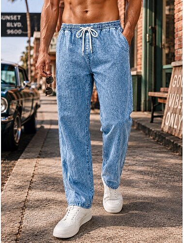  Herren Freizeithose Sommerhose 100% Baumwolle Jeans Kordelzug Elastischer Bund Gerader Schnitt Einfach Komfort Atmungsaktiv Volle Länge Lässig Täglich Outdoor Urlaub Mode Marineblau Leicht Blau