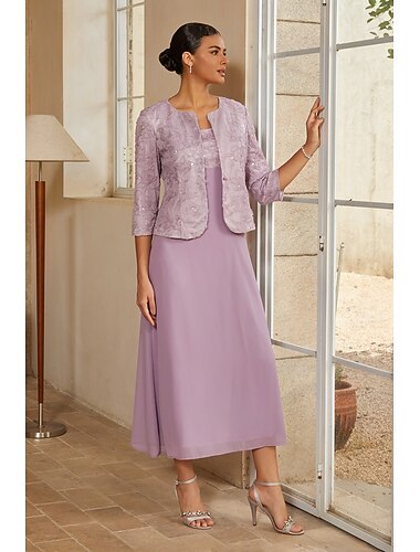  Femmes Ligne A Ensembles de robes 2 pièces avec veste Robe de Cocktail Robe d'invité de mariage Longueur thé Col Rond Sans manches Manche 3/4 Taille haute Taille empire Élégant Décontracté Quotidien