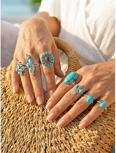  Dames turkooizen ringenset vintage zilverlegering stapelbare ringen boho zuidwestelijke cowgirl sieraden bloemen cactus statement ringen voor vakantie festival dagelijks gebruik