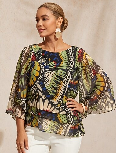  Top a strati in chiffon svolazzante con farfalle della giungla