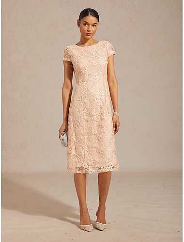  Per donna Mini Abito Abito a trapezio Elegante Quotidiano Ospite di nozze Cocktail party Paillettes Pizzo Illusione Vestibilità regolare Floreale Manica Corta Girocollo Champagne
