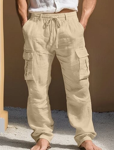  Per uomo Pantaloni di Lino Pantaloni Pantaloni Estivi Multi-tasche Gamba Dritta Semplice Comodità Traspirante Lunghezza intera Quotidiano All'aperto Uscire Moda Streetwear Blu Bianco