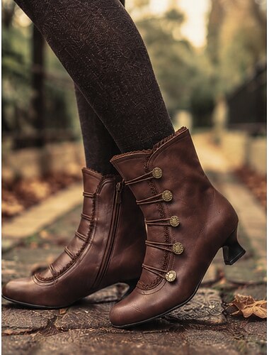  stivaletti allacciati vittoriani vintage marroni da donna con bottoni e tacco medio per cosplay, rievocazioni storiche e uso quotidiano