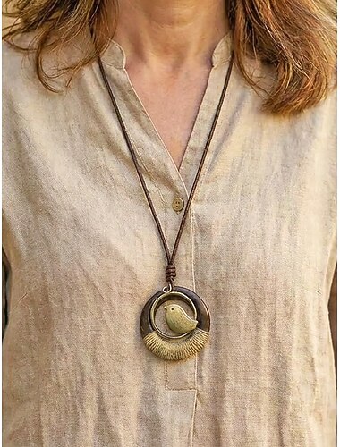  collana da donna boho con pendente in legno, gioielli vintage in lega, collana lunga fatta a mano ispirata alla natura, accessori etnici artigianali per la moda, ideale per le vacanze, per tutti i