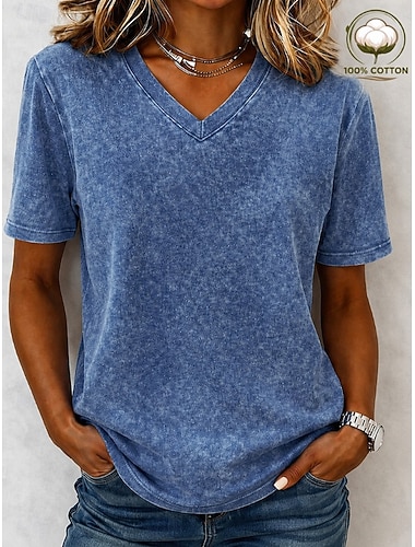  Per donna Maglietta Camicia di cotone Arricciato Semplice Vintage Moda Elegante Manica Corta Scollo a V Top Regolari Casuale Quotidiano Uscire Blu Nero Verde militare Viola Arancione Estate Primavera